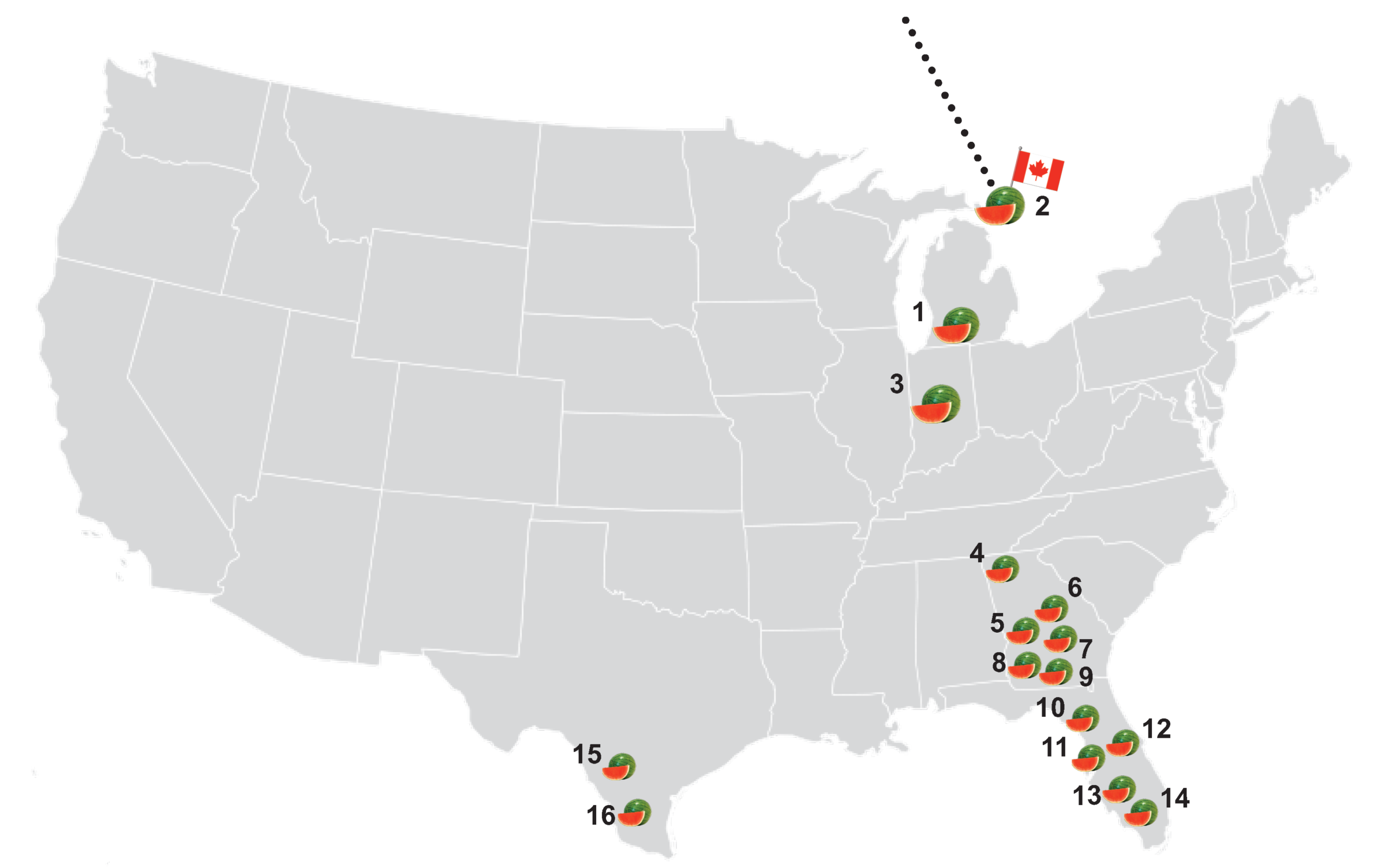 A graphical map of SowLogic greenhouses in the United States
